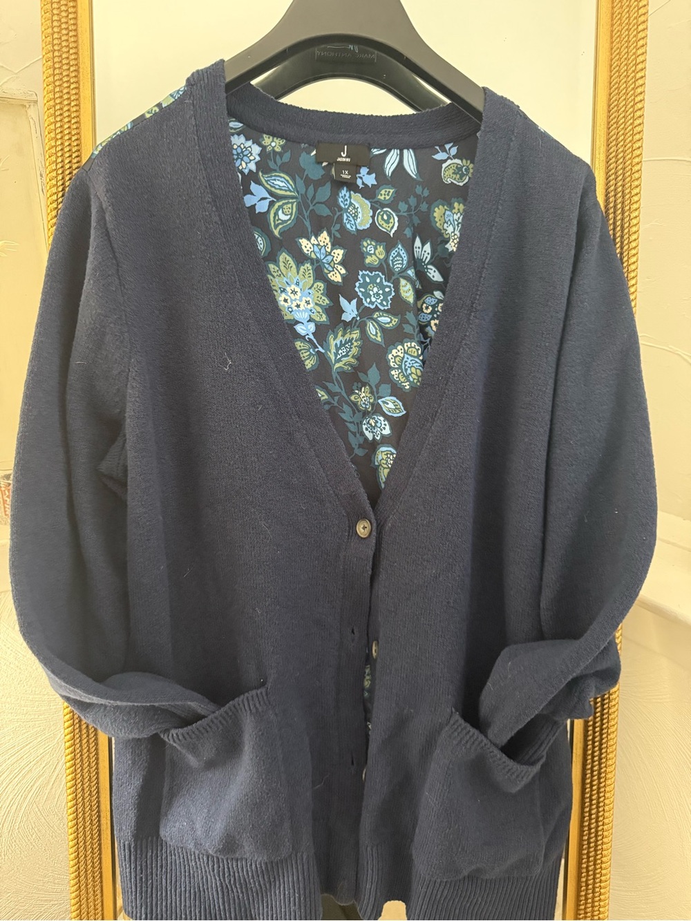 Jason Wu Navy V-Neck Cardigan with Floral Lining